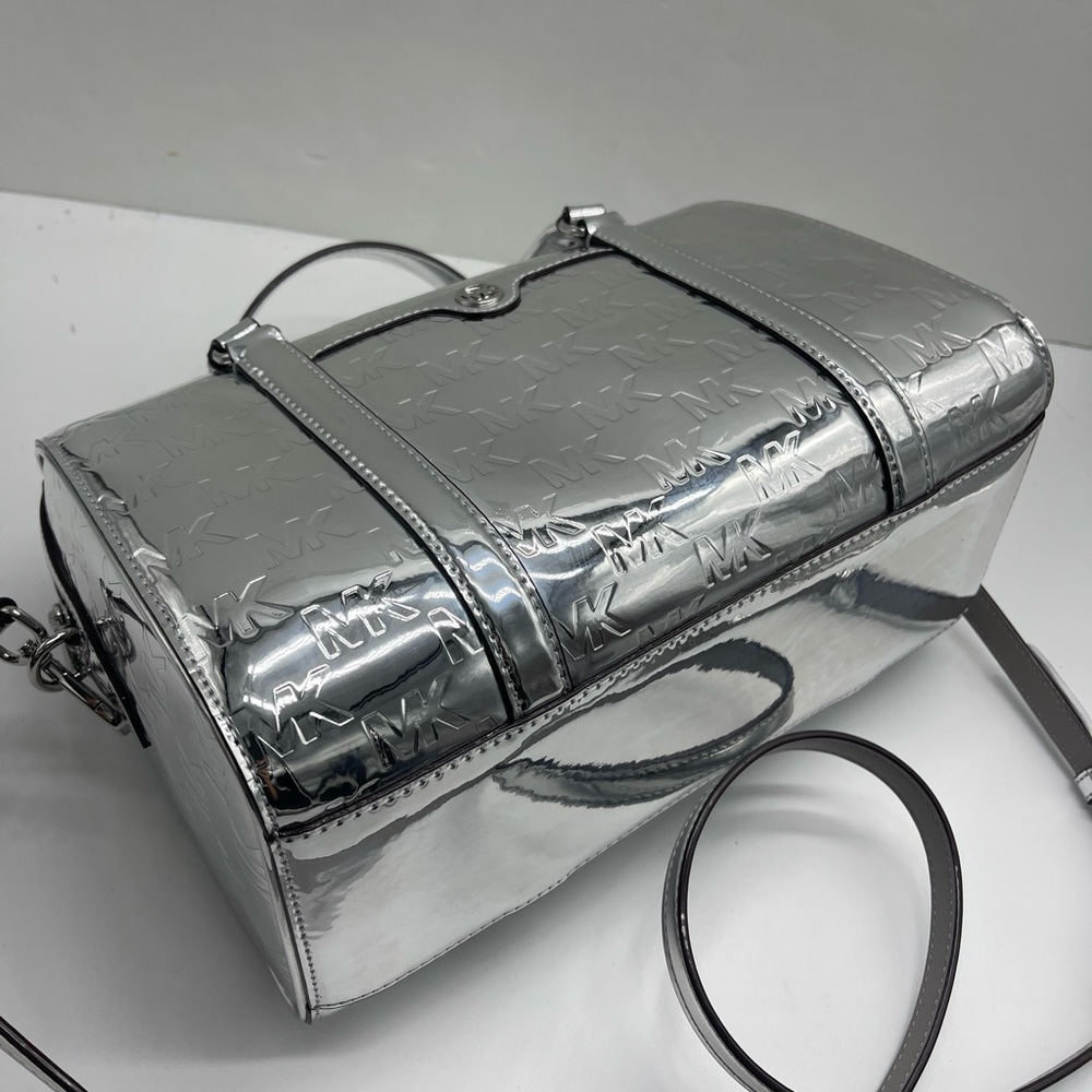 MICHAEL KORS Jet Set Medm Patent Logo Debossed Duffel Crossbody Bag
Silver 
NWT - Picture 10 of 15